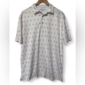 Men's HL Sport white polo golf shirt with red American Betsy Ross flag, Size L